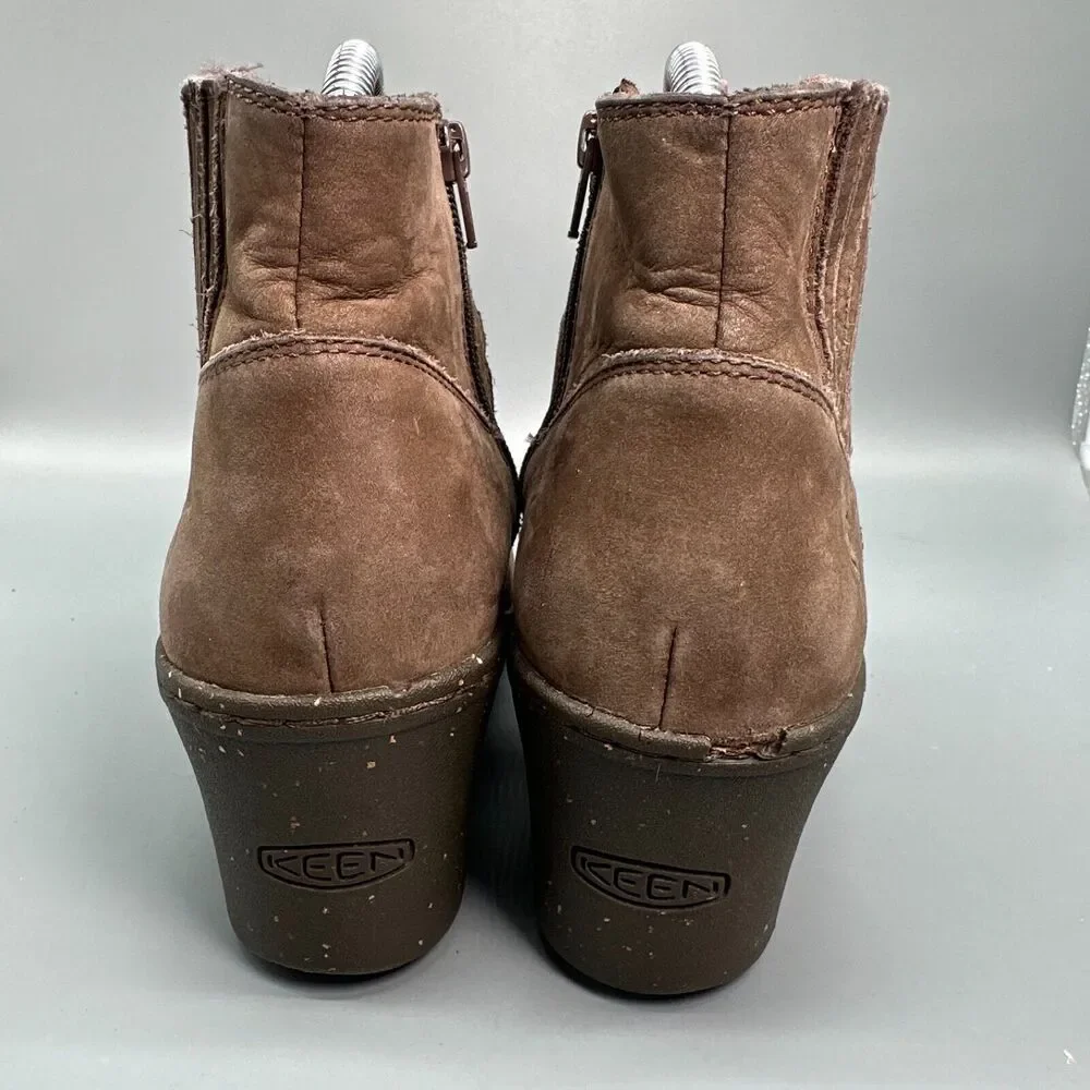 Keen Zurich Women's 9 Brown Leather Ankle Boot Pull On Side Zip Wedge Heel